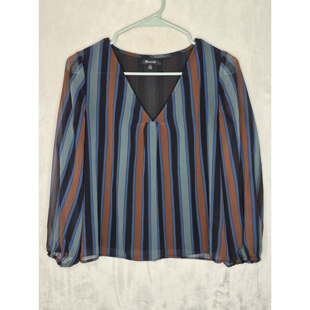 Madewell Sheer Balloon Sleeve Blouse Womens XXS Vertical Stripe V-Neck Top